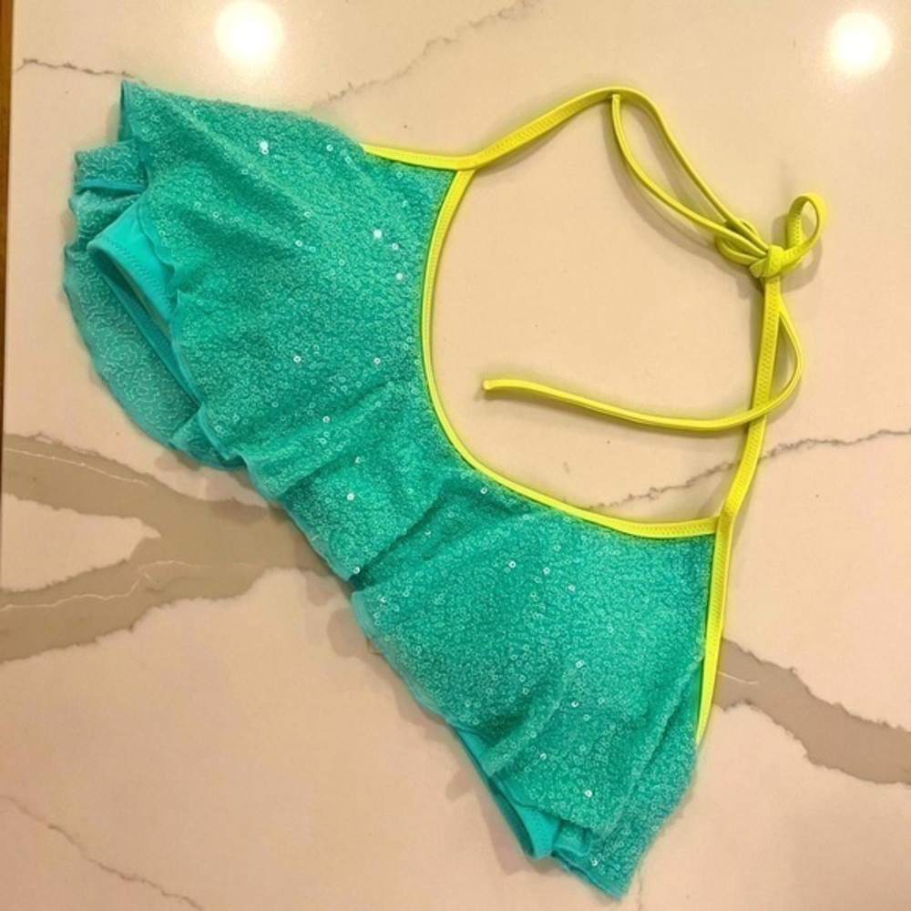 Victoria’s Secret Mint Green Sequins Halter Ruffle Bikini Top
